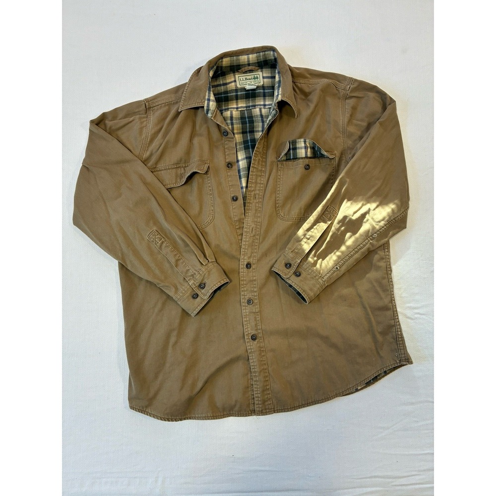 Vintage L.L.Bean Shirt Jacket Large Regular Tan Cotton Flannel Lined Canvas